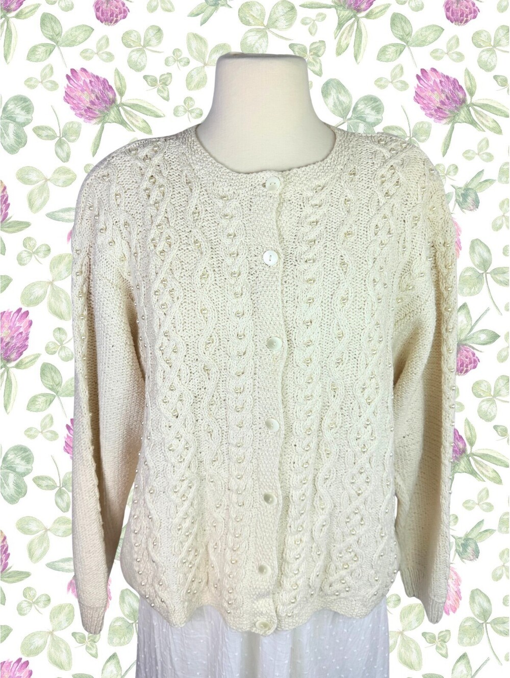 Vintage Liz Claiborne Silk Blend Hand Knit Pearl Cable Cardigan Sweater L